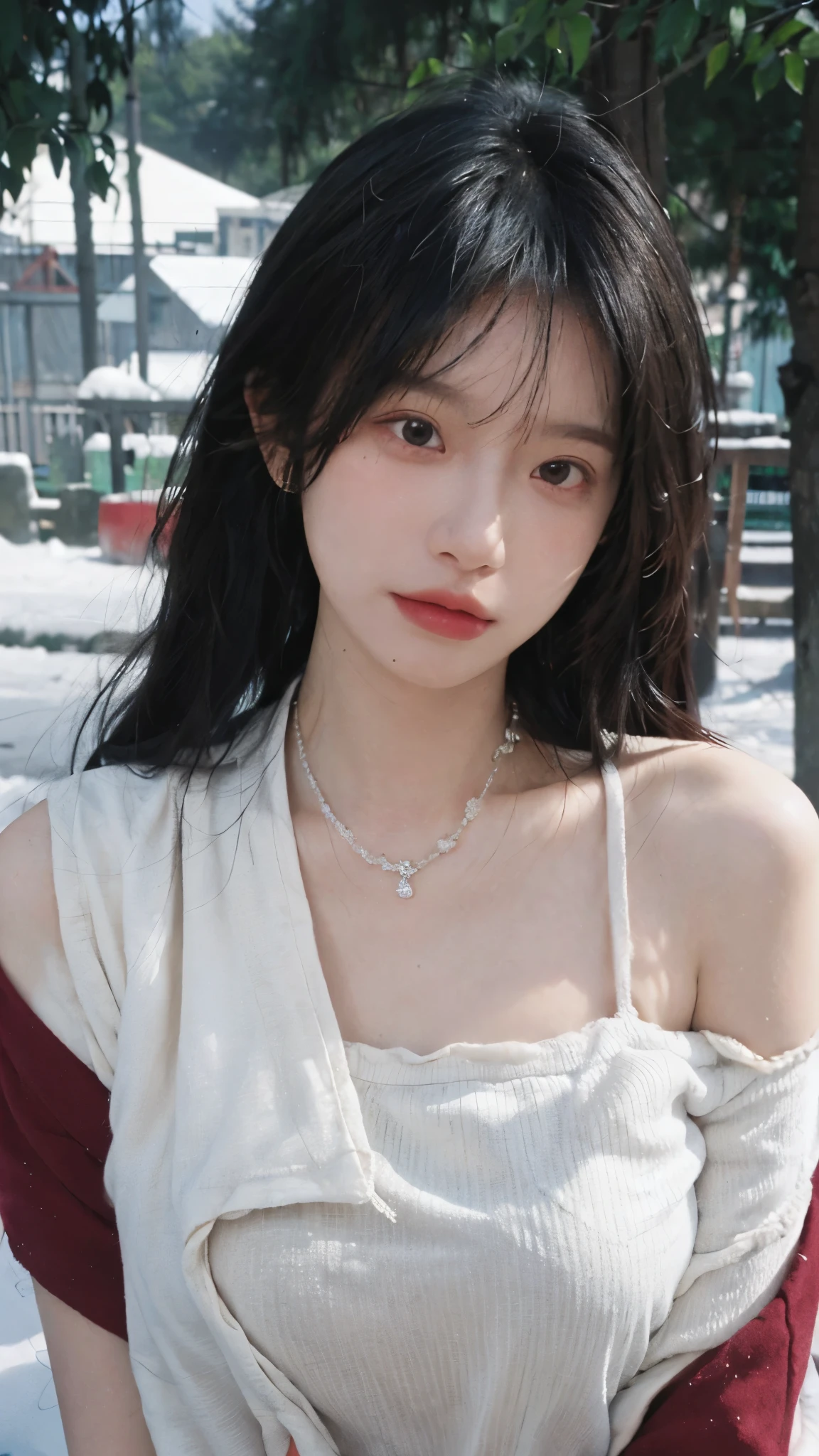 Portrait photography,1 girl,snow,Snow Scene,Heavy makeup,Bare shoulders,Lipstick,(Big breasts:1.4),Shoulder-Length Wavy Hair,Wear a necklace,scarf,Earring short sleeves,serene,calm,(Realistic and detailed eyes,Natural skin texture,Realistic facial details),whole body:1.4,