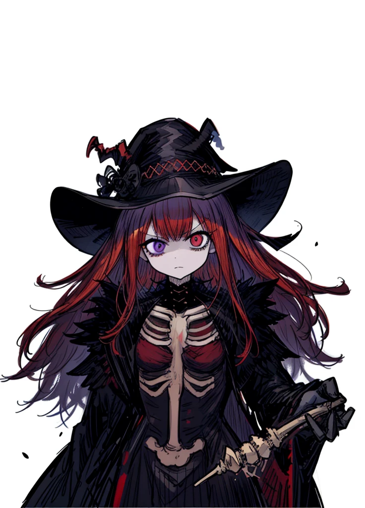 1girl, reddish yellow, purple red hair, skeleton, bone girl, witch, beautiful clothes, (high resolution, high detail, best quality), angry