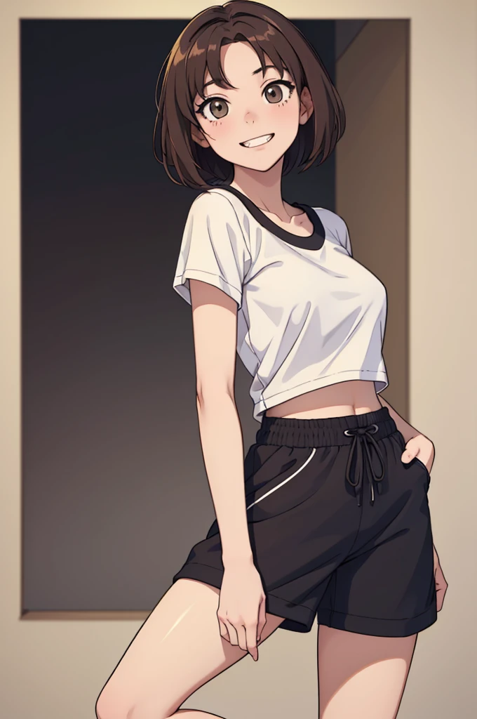 (((masterpiece, best quality, ultra highres, 1 girl, solo, no background))), super detailed skin and face and eyes and finger, beautiful japanese woman, small breasts:1.5, skinny, light brown hair, white background, very short pixie hair, Knee shot, Generate with illustrations, Various expressions, Various poses, Please draw the entire character within the frame, ensuring that the head, arms, and legs are not cut off. The background should be simple, with the character positioned centrally, outline, anime, 2d, boyish, smile showing teeth, Sexy sportswear, spread legs,