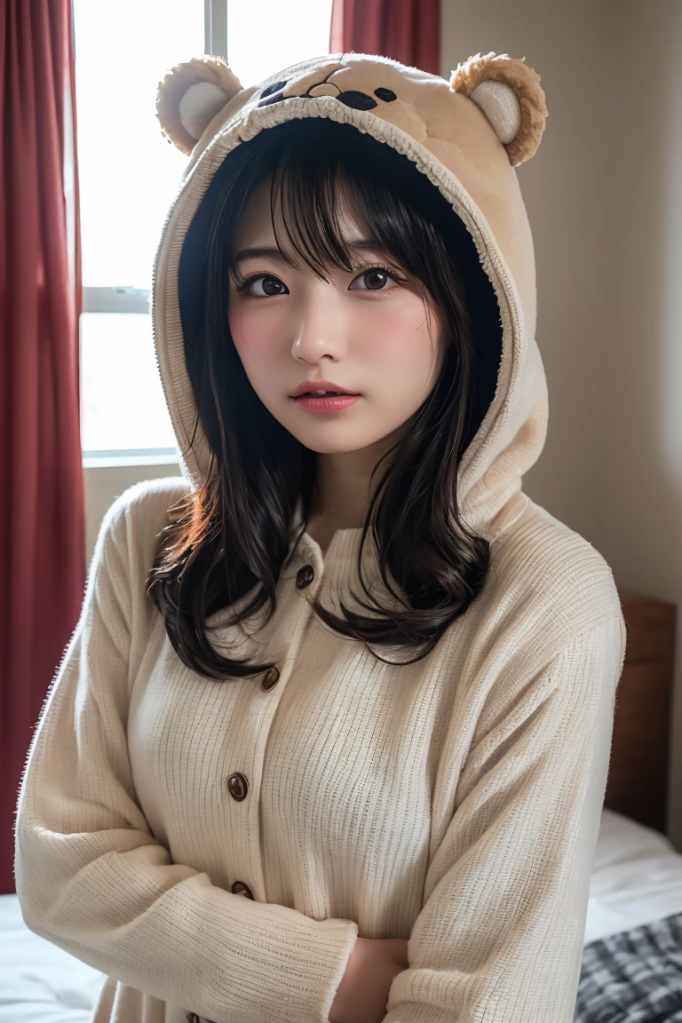 Em1lyW1ll1sV2-130, (Age 25), Long Hair, Modern photography, wear (bear costume), (Portraiture), Cute Bear Onesie Pajamas, Super soft light brown plush fabric, debtわdebtわフード, Cute bear hood, (35mm, debt/2.8) Photo debtocus, DOdebt, Aperture, Highly detailed and exquisite, character, Hypermaximalist, beautiful, reveal, Charm, Charm, Affectionate, Ultra-realistic, Very detailed, beautiful woman, ((Fine grain)), Long eyelashes, (Glossy Lips), in the her bed room, SFW