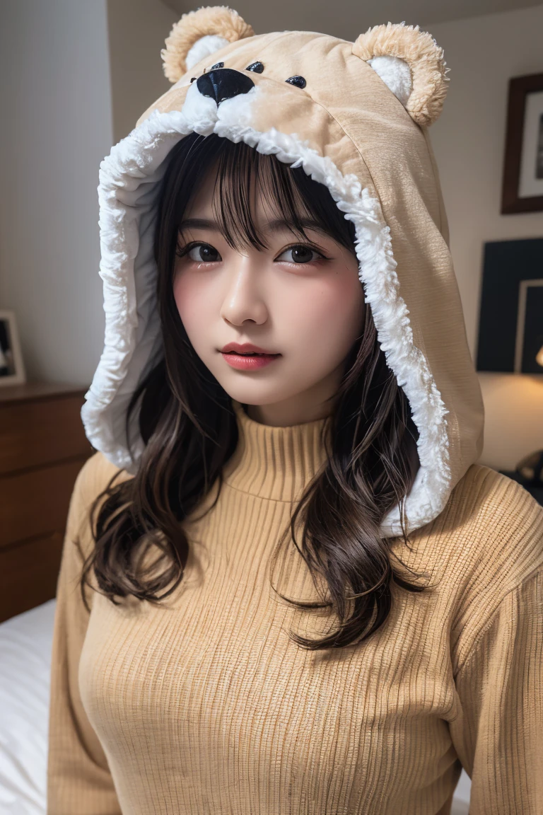 Em1lyW1ll1sV2-130, (Age 25), Long Hair, Modern photography, wear (bear costume), (Portraiture), Cute Bear Onesie Pajamas, Super soft light brown plush fabric, debtわdebtわフード, Cute bear hood, (35mm, debt/2.8) Photo debtocus, DOdebt, Aperture, Highly detailed and exquisite, character, Hypermaximalist, beautiful, reveal, Charm, Charm, Affectionate, Ultra-realistic, Very detailed, beautiful woman, ((Fine grain)), Long eyelashes, (Glossy Lips), in the her bed room, SFW