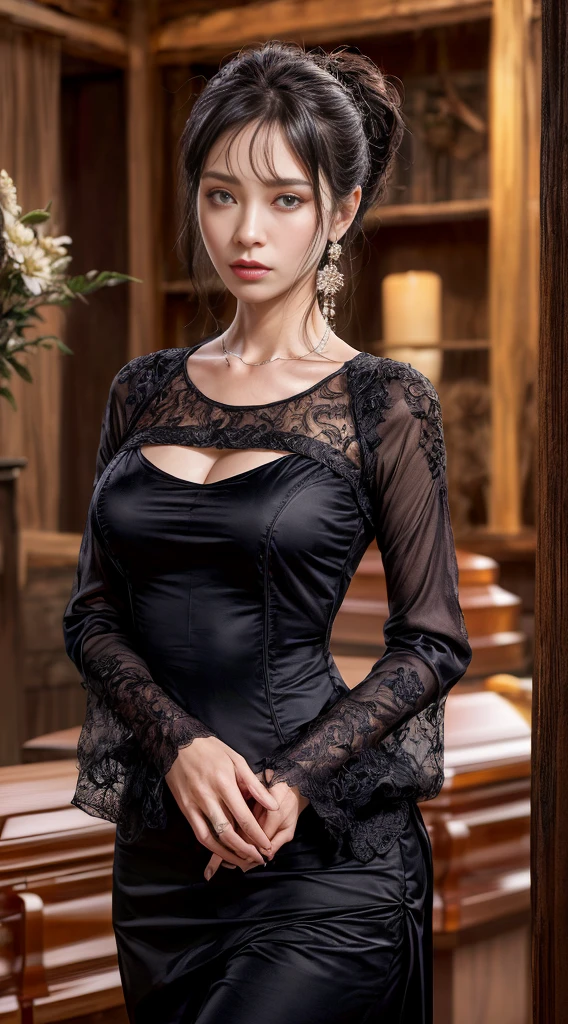Cowboy Shot、(Hairstyle with bangs)、straggling hair、Black Hair、(Hanging Hair)、((widow))、((mourning dress))、((((Black long sleeve mourning clothes))))、(((Japanese-style room)))、((((Funeral))))、((Big Breasts))、Super tight black formal wear、Highest quality,(RAW Photos:1.2)、(Realistic:1.4),(High resolution:1.4), 1 Girl, Written boundary depth,, Exquisitely crafted,8K, Very detailed, Perfect lighting, Spectacular Background、((Delicate painting))，(女の子の詳細なRAW Photos),(Highest quality:1.6), (超High resolution:1.5), (Realistic:1.75), 8K resolution, Canon EOS R5, 50mm,  Very detailedな,Cinema Lighting,Correct finger、sit、Pearl Necklace、Pearl Earrings、(Clothing that covers the chest)、((There is a coffin))、((Minimally revealing clothing))、(The altar is decorated with a bouquet of chrysanthemums.)、candlestick、