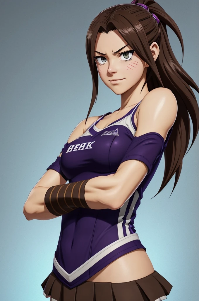 Make me a Boku no hero Academia oc. 

gender: Feminine Skin: Clara, scar on right eyelid Hair: long shoulder length, dark brown and brown Quirk tips:Goddess of heaven and hell and transform into angel and demon Background: Pose academy area: crossed arms, it would be and with the Boku no hero academia sports uniform 