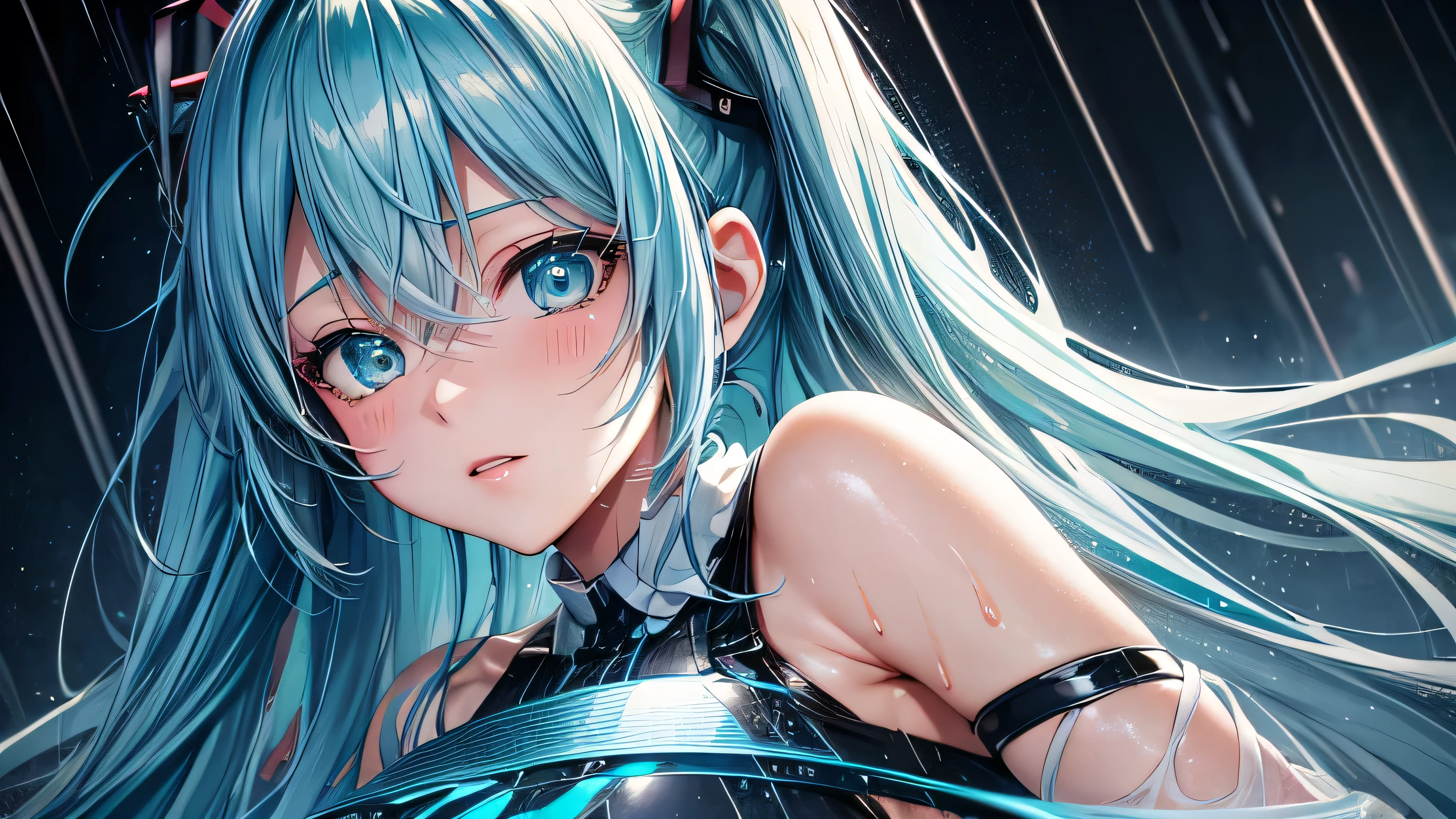 miku hatsune : 1.3, Blue Hair: , Cinema Lighting, Surrealism, Ultra-high resolution, Accurate, Super detailed, Textured skin, High detail, highest quality, 8k,Thin bangs, Detailed Hair,,(The Shining), Thick body, Focus on the face,Rainy Town,Wet clothes,rain,Cute clothes,