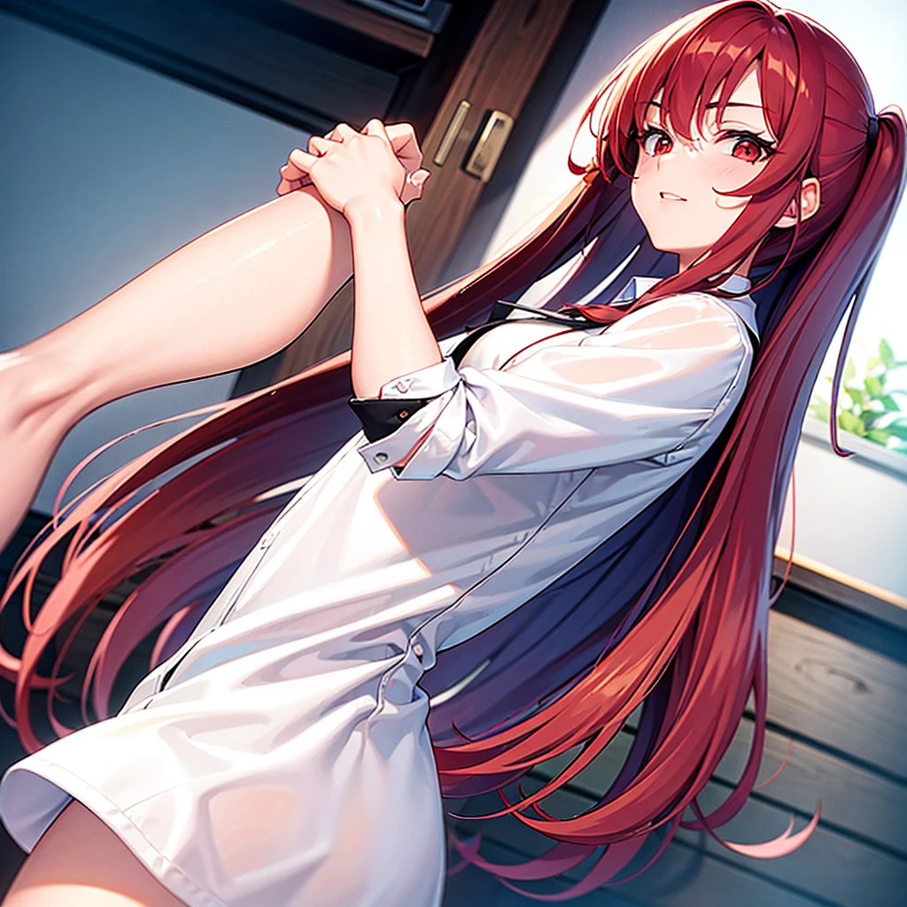 1 girl, long red hair, Brown eyes, wear a white shirt , schoolgirl's blue skirt lifted up, Thigh-high white stockings, pink panties, pink necktie ,city, absurdity, A high resolution, ultra-sharp, 8 k, masterpiece, Looking at the viewer
