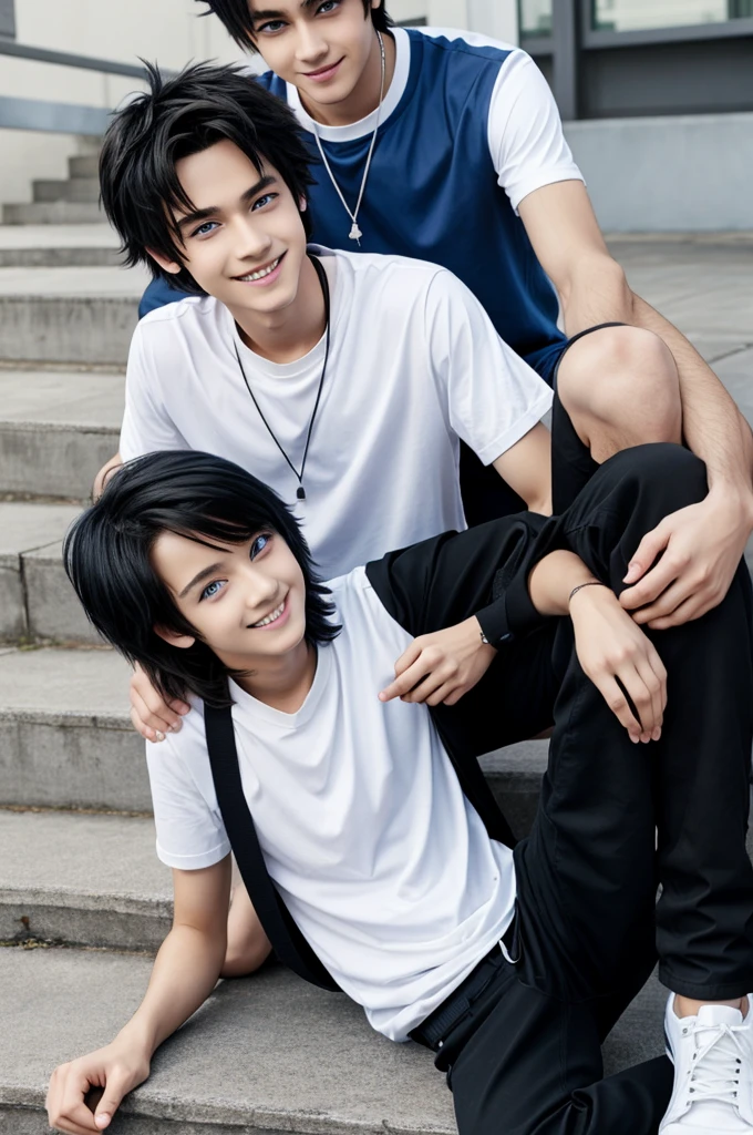 anime version,male,a mix of body between boy and girl,black and somewhat messy hair,blue eyes,a smile, black pants,blue shirt , White shoes, adolescent,  anime 