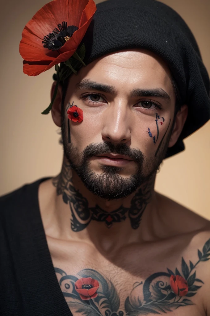 A man with a poppy tattooed under his eye.