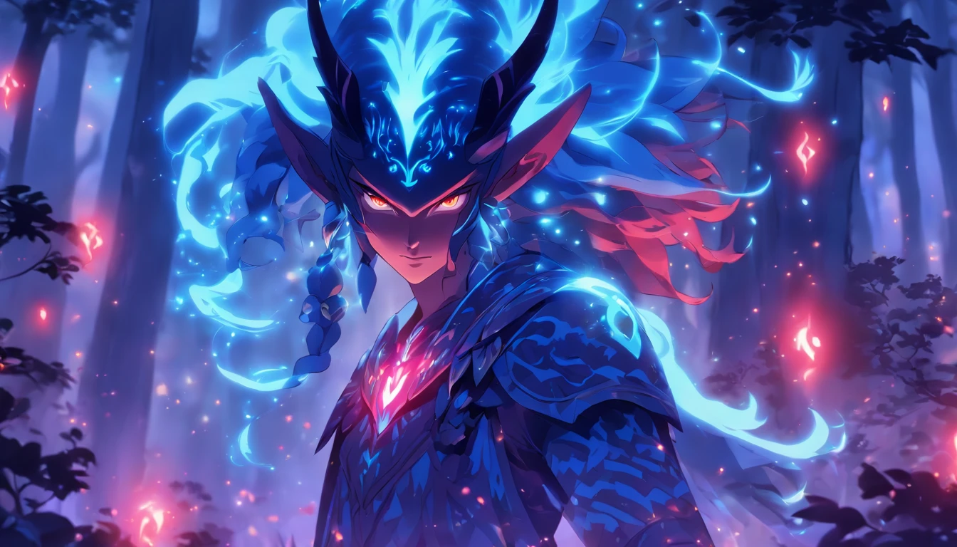 Ancient anime style, artbook, comicbook, RPG, futuristic medieval. In a magical forest with lush tones, with magical flourishing vegetation, giant flourishing trees, with shining stars in the sky, flourishing clouds. Wide scenery, with two vanishing points, cinematic scene with several layers of depth, dynamics, magical lighting. A flying fairy demon elf wizard, wearing blue medieval magic armor with glowing magic markings, dynamic pose, full body, human face with glowing blue magic tribal tattoos with fancy tones, magic stone matte red skin with glowing carved markings, demon features and fairy, horn with glowing red magic markings, red demon tail, blooming blue fairy wing, glowing eyes, wearing a red demon horn magic dagger with glowing magic markings.
