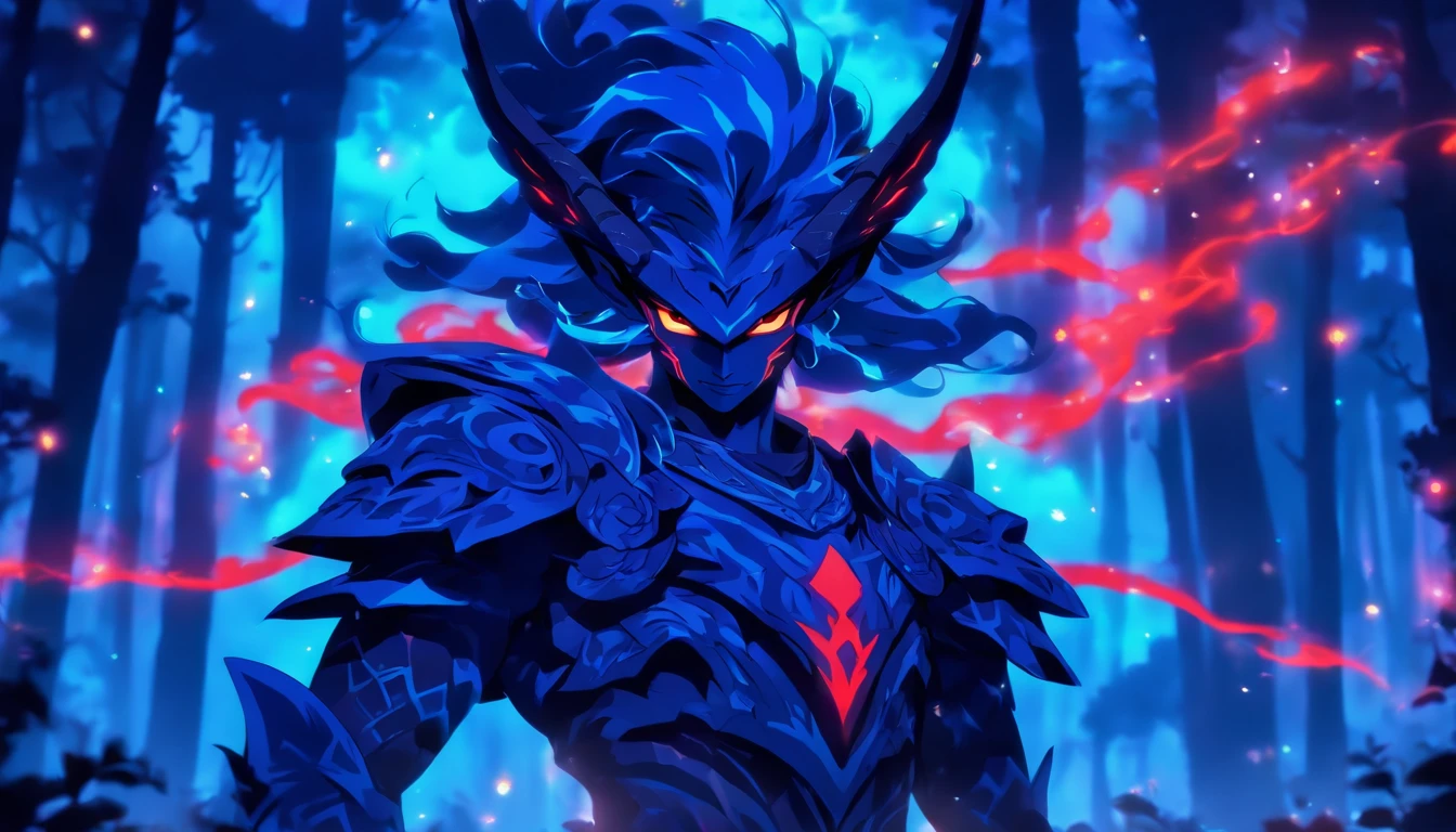 Ancient anime style, artbook, comicbook, RPG, futuristic medieval. In a magical forest with lush tones, with magical flourishing vegetation, giant flourishing trees, with shining stars in the sky, flourishing clouds. Wide scenery, with two vanishing points, cinematic scene with several layers of depth, dynamics, magical lighting. A flying fairy demon elf wizard, wearing blue medieval magic armor with glowing magic markings, dynamic pose, full body, human face with glowing blue magic tribal tattoos with fancy tones, magic stone matte red skin with glowing carved markings, demon features and fairy, horn with glowing red magic markings, red demon tail, blooming blue fairy wing, glowing eyes, wearing a red demon horn magic dagger with glowing magic markings.