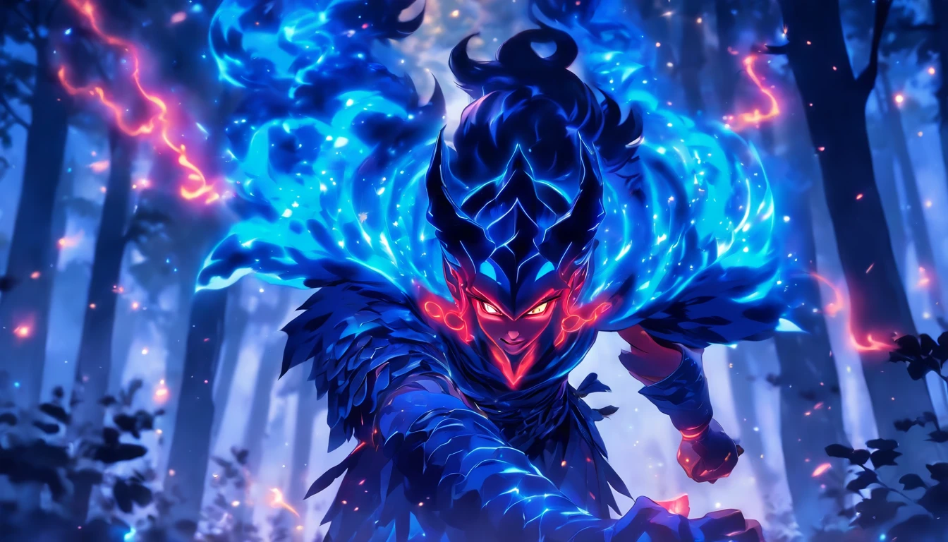 Ancient anime style, artbook, comicbook, RPG, futuristic medieval. In a magical forest with lush tones, with magical flourishing vegetation, giant flourishing trees, with shining stars in the sky, flourishing clouds. Wide scenery, with two vanishing points, cinematic scene with several layers of depth, dynamics, magical lighting. A flying fairy demon elf wizard, wearing blue medieval magic armor with glowing magic markings, dynamic pose, full body, human face with glowing blue magic tribal tattoos with fancy tones, magic stone matte red skin with glowing carved markings, demon features and fairy, horn with glowing red magic markings, red demon tail, blooming blue fairy wing, glowing eyes, wearing a red demon horn magic dagger with glowing magic markings.