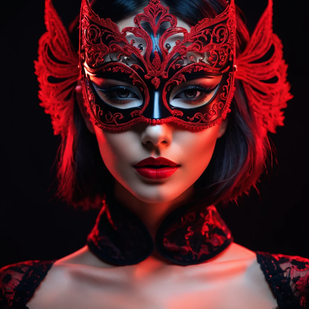 woman with a sensual mask, fashion sexy, black background, 8K, red light