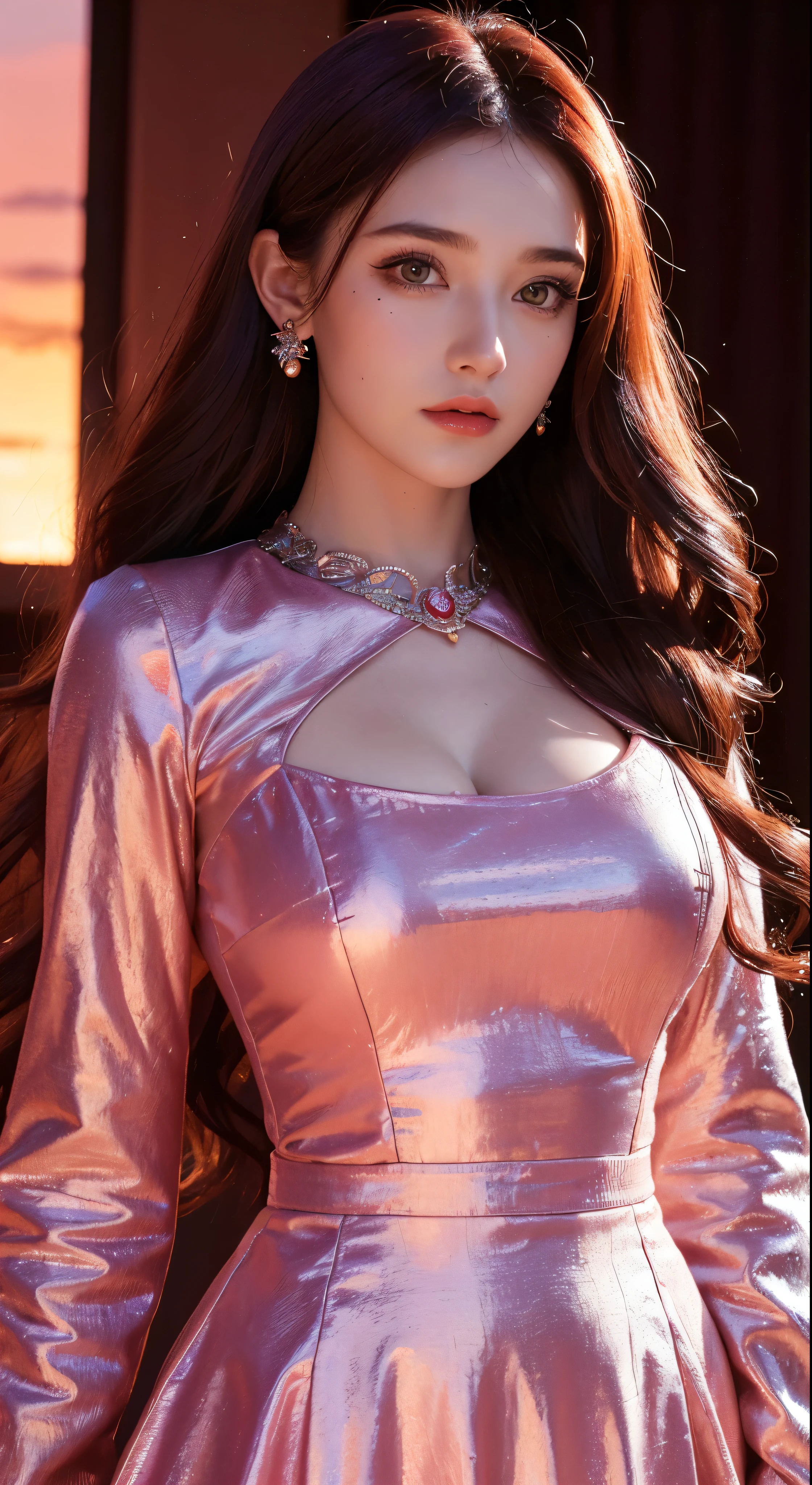 (absurdres, highres, ultra detailed), 1girl, zodiac sign - Aries goddess , solo, mature, Baroque, long dress, long sleeve, elegant, colorful, highest detailed, upper body , sunset hair . Fire eyes . Brave, willful, productive, enterprising humanitarian face .