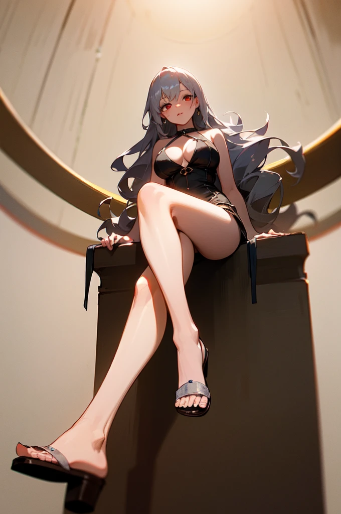 sandals, feet, foot focus, masterpiece, best quality, ultra high res,photon mapping,best shadow,portrait,beauty detail,fantasy, long silver hair, red eyes, ultra high detail, large breasts, short dress, looking at viewer,solo,from below, sole, femdom, sitting, leash, crossed leg