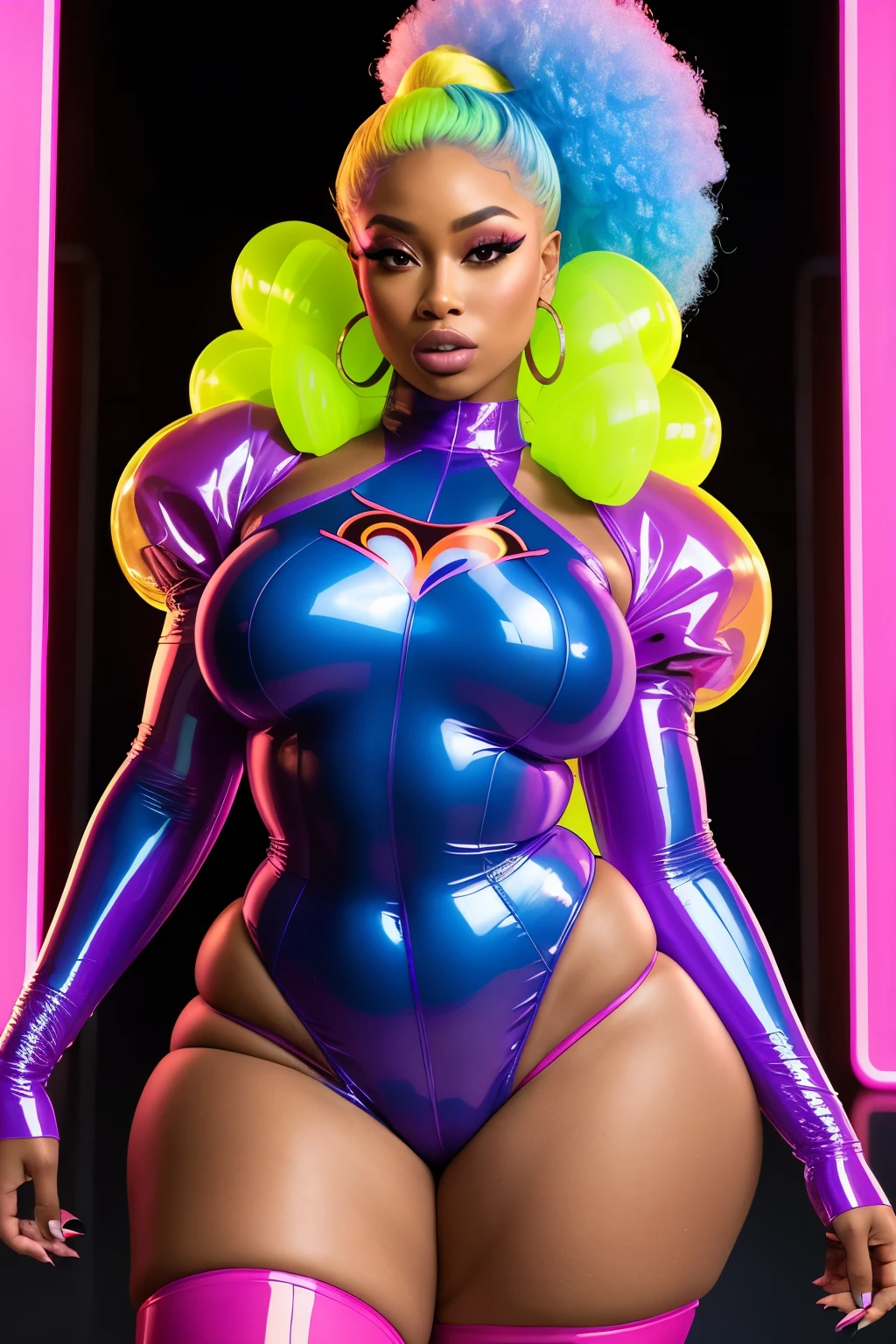 Objective: To capture a masterpiece of photography showcasing a 28-year-old Perfect Lady, embodying CherokeeD'ass, Storm, Blac Chyna, Dua Lipa, Megan thee Stallion, Vixen (from DC Comics), and Noni Zondi, with exaggerated curves and translucent elements in a synthwave style.
Epic Scene: The Perfect Lady, dressed in a bio-translucent inflatable attire adorned with puffy sleeves, is posing against a neon-colored backdrop. The outfit highlights her extremely attractive physique, emphasizing her thick legs, thighs, calves