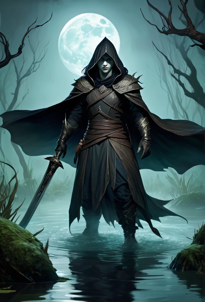 Retrate Kaelith, the Shadowhunter, in a dark and misty swamp, amidst a fierce battle against aquatic monsters. Kaelith must be in a small wooden boat, holding a scared wrapped in his protective cloak. He wields a curved sword, your figure wrapped in a dark cloak, with determined and fierce eyes. Ao redor dele, scaly creatures emerge from the murky waters, her sharp fangs reflecting the dim light of the oil lantern Kaelith carries. The atmosphere must be oppressive and gloomy, with the gnarled vegetation of the swamp and the pale moon barely visible through the dense clouds. The sparkling light of an enchantment spreads in the air, blinding the monsters and creating a dramatic contrast in the scene. Lutando contra um monstro aquatico