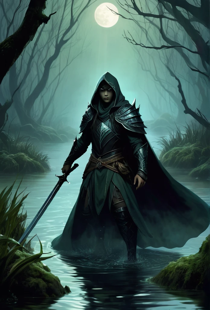 Retrate Kaelith, the Shadowhunter, in a dark and misty swamp, amidst a fierce battle against aquatic monsters. Kaelith must be in a small wooden boat, holding a scared wrapped in his protective cloak. He wields a curved sword, your figure wrapped in a dark cloak, with determined and fierce eyes. Ao redor dele, scaly creatures emerge from the murky waters, her sharp fangs reflecting the dim light of the oil lantern Kaelith carries. The atmosphere must be oppressive and gloomy, with the gnarled vegetation of the swamp and the pale moon barely visible through the dense clouds. The sparkling light of an enchantment spreads in the air, blinding the monsters and creating a dramatic contrast in the scene. Lutando contra um monstro aquatico
