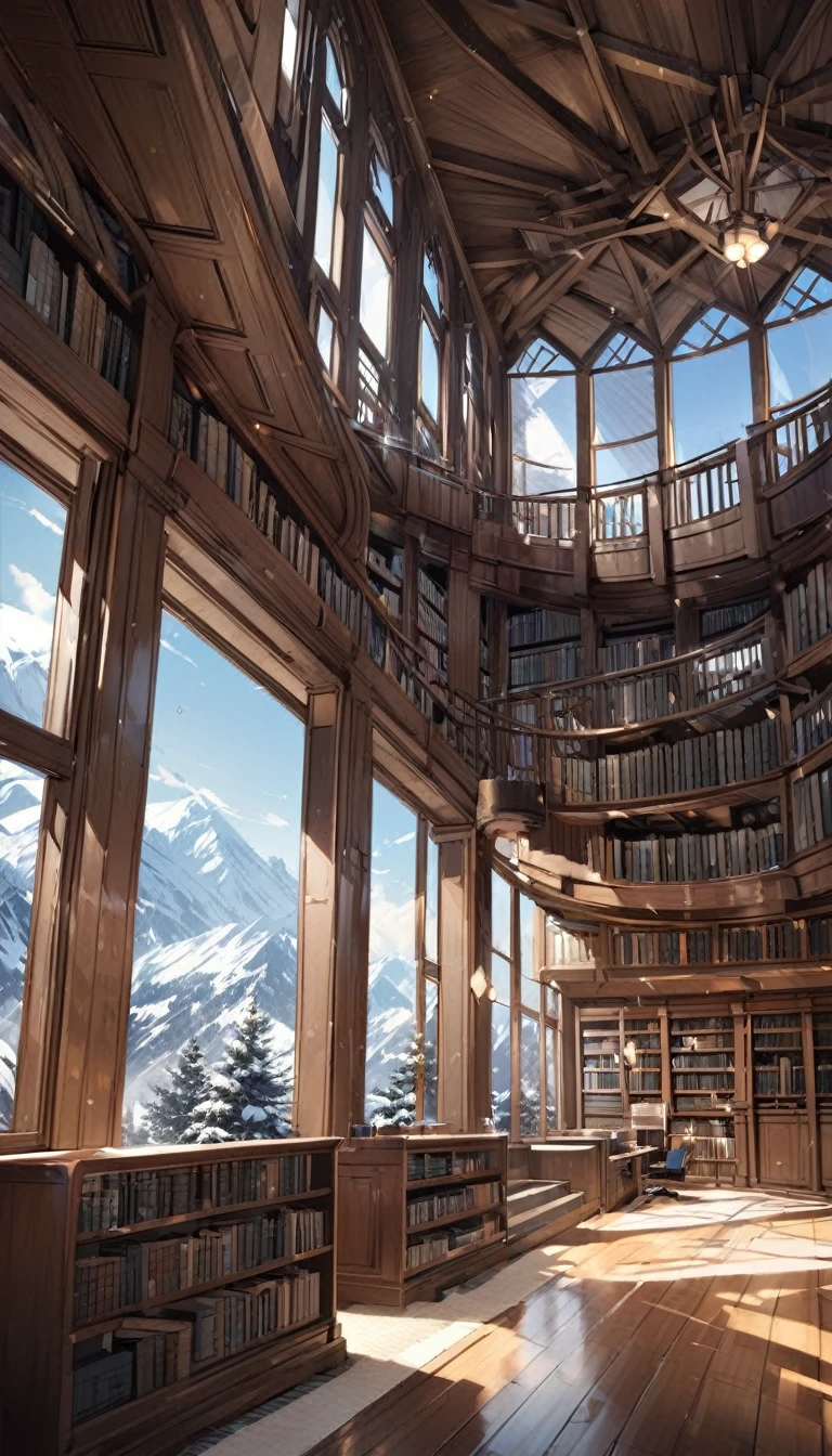 large library, large window with views of snow-capped mountains
