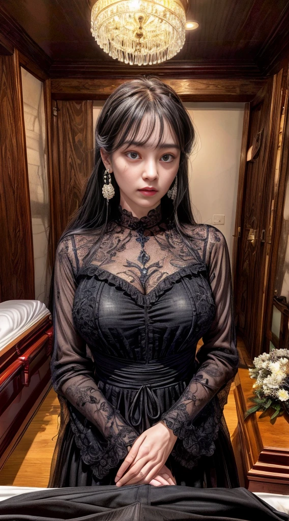 Cowboy Shot、(Hairstyle with bangs)、straggling hair、Black Hair、(Hanging Hair)、((widow))、((mourning dress))、((((Black long sleeve mourning clothes))))、(((Japanese-style room)))、((((Funeral))))、((Big Breasts))、Super tight black formal wear、Highest quality,(RAW Photos:1.2)、(Realistic:1.4),(High resolution:1.4), 1 Girl, Written boundary depth,, Exquisitely crafted,8K, Very detailed, Perfect lighting, Spectacular Background、((Delicate painting)),(女の子の詳細なRAW Photos),(Highest quality:1.6), (超High resolution:1.5), (Realistic:1.75), 8K resolution, Canon EOS R5, 50mm, Very detailedな,Cinema Lighting,Correct finger、sit、Pearl Necklace、Pearl Earrings、(Clothing that covers the chest)、((There is a coffin))、((Minimally revealing clothing))、(The altar is decorated with a bouquet of chrysanthemums.)、candlestick、