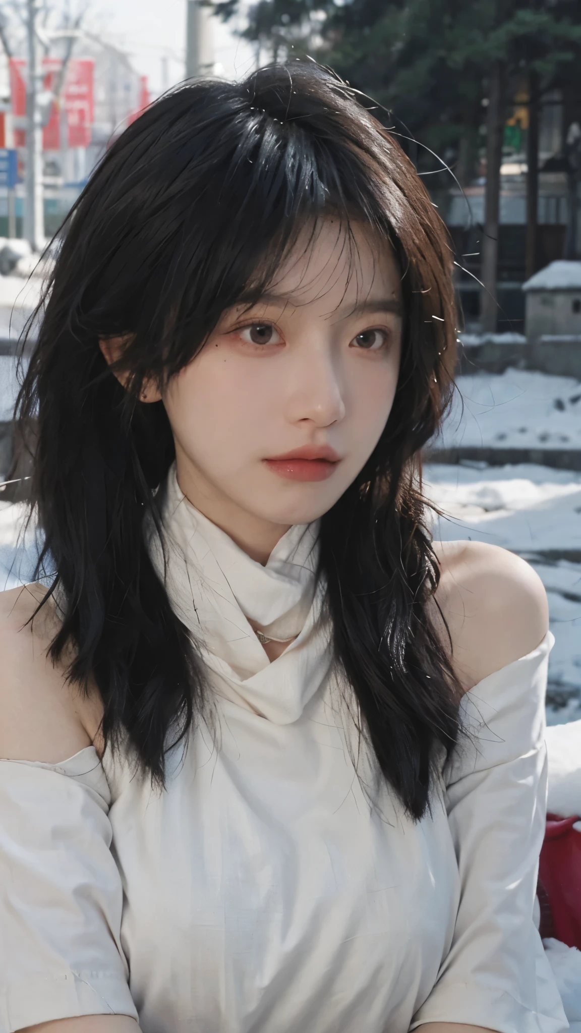 Portrait photography,1 girl,snow,Snow Scene,Heavy makeup,Bare shoulders,Lipstick,(Big breasts:1.4),Shoulder-Length Wavy Hair,Wear a necklace,scarf,Earring short sleeves,serene,calm,(Realistic and detailed eyes,Natural skin texture,Realistic facial details),whole body:1.4,