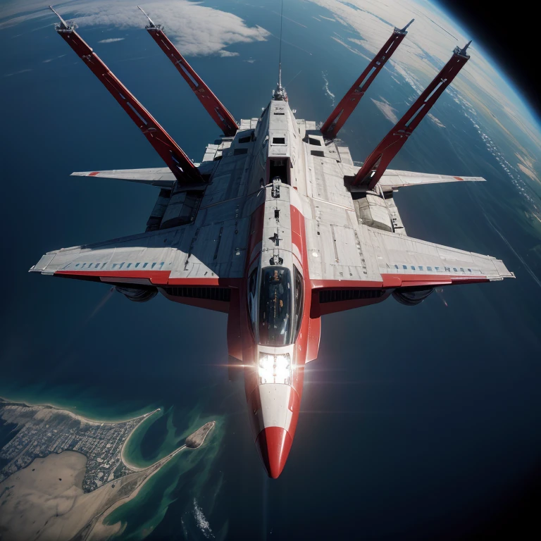 a spaceship, above planet earth, ( HD), realisitic, Super Real, ship with red and black color.