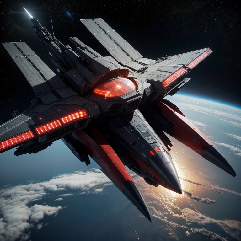 a spaceship, above planet earth, ( HD), realisitic, Super Real, ship with red and black color.