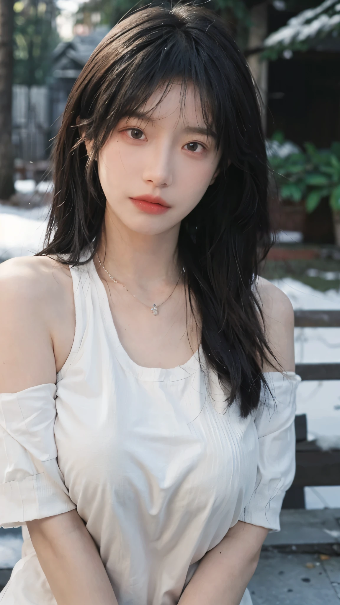 Portrait photography,1 girl,snow,Snow Scene,Heavy makeup,Bare shoulders,Lipstick,(Big breasts:1.4),Shoulder-Length Wavy Hair,Wear a necklace,scarf,Earring short sleeves,serene,calm,(Realistic and detailed eyes,Natural skin texture,Realistic facial details),whole body:1.4,