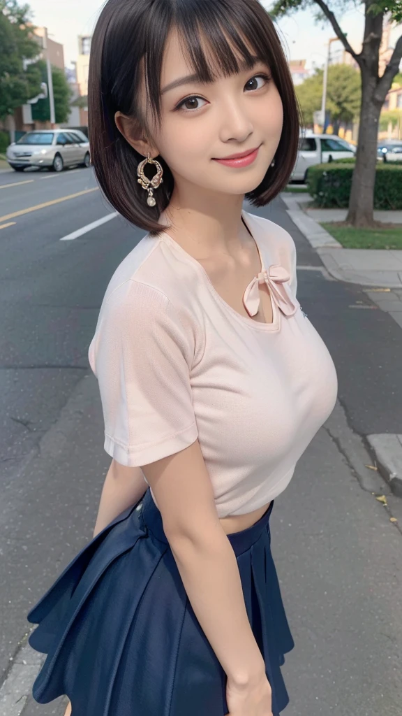 (Surrealism, natural lighting, masterpiece, super detail, anatomically correct), (Random dynamic poses, random sexual poses, smile, Look at camera:1.3), (high school girl uniform), (realistic high school girl, surreal girl, 16 years old, slim waist and large breasts style, short height, younger sister girl, round face, eyebrows downward, short bob cut, black hair, bangs, one earring, lively eyes, light blush, Look at viewers, affectionate cute:1.2)