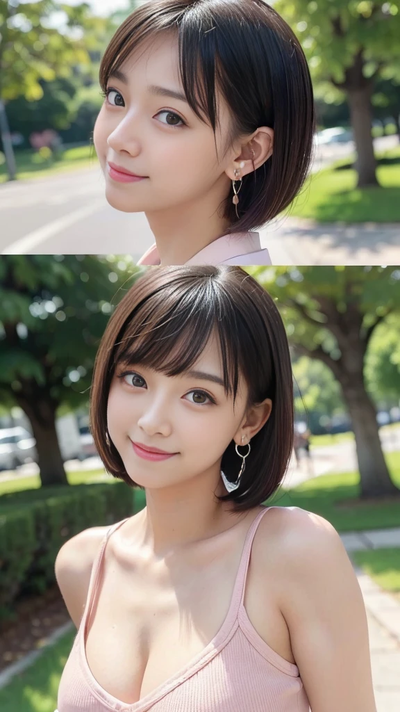 (Surrealism, natural lighting, masterpiece, super detail, anatomically correct), (Random dynamic poses, random sexual poses, smile, Look at camera:1.3), (high school girl uniform), (realistic high school girl, surreal girl, s old, slim waist and large breasts style, short height, younger sister girl, round face, eyebrows downward, short bob cut, black hair, bangs, one earring, lively eyes, light blush, Look at viewers, affectionate cute:1.2)