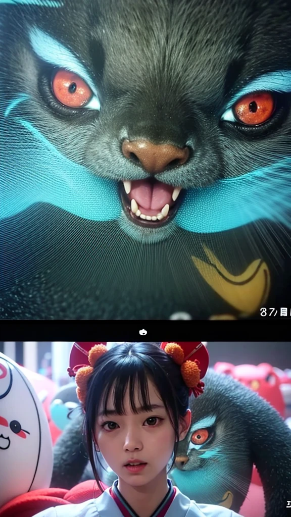 close up of a video screen with a bunch of stuffed animals, video art, a screenshot, by Kanō Sanraku, yokai, kaiju-eiga, japanese mascot, japanese cgi, still from a music video