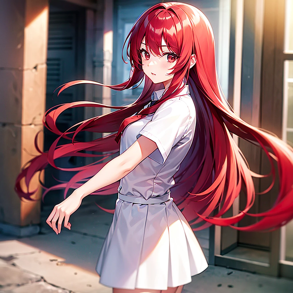 1 girl, long red hair, Brown eyes, wear a white shirt , schoolgirl's blue skirt lifted up, Thigh-high white stockings, pink panties, pink necktie ,city, absurdity, A high resolution, ultra-sharp, 8 k, masterpiece, Looking at the viewer