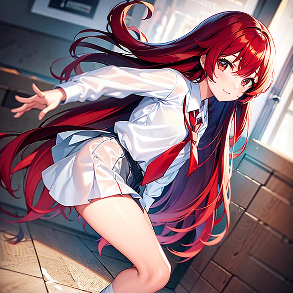 1 girl, long red hair, Brown eyes, wear a white shirt , schoolgirl's blue skirt lifted up, Thigh-high white stockings, pink panties, pink necktie ,city, absurdity, A high resolution, ultra-sharp, 8 k, masterpiece, Looking at the viewer