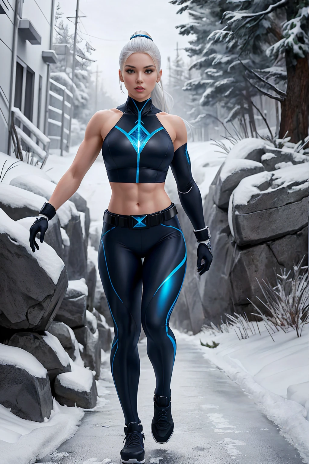 (((full body photo))), ((Full body photo,standing, feet on the ground)) ( Masterpiece, 4k resolution, ultra-realistic, very detailed) sexy beautiful superheroine, has ice powers, white hair ponytail, back midriff with blue outlines and a snowflake symbol on her right, has black gloves with fur on her the wrist part, wears black tight pants, with a blue belt, blue lines full body in the style of realism, glistening skin, , natural lighting, Defined full lips. fitness feminine body. portrait photography by artgerm, in the style of realism, glistening skin, , natural lighting, Defined full lips. Muscular fitness feminine body,