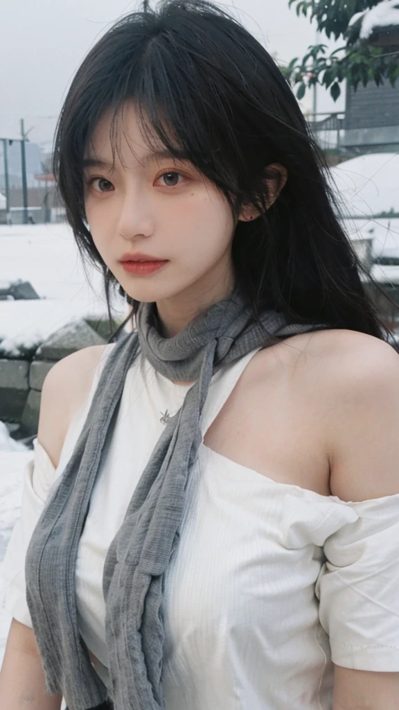 Portrait photography,1 girl,snow,Snow Scene,Heavy makeup,Bare shoulders,Lipstick,(Big breasts:1.4),Shoulder-Length Wavy Hair,Wear a necklace,scarf,Earring short sleeves,serene,calm,(Realistic and detailed eyes,Natural skin texture,Realistic facial details),whole body:1.4,