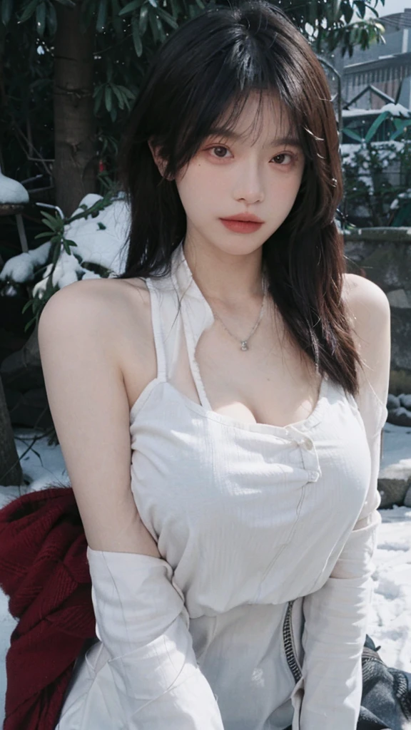 Portrait photography,1 girl,snow,Snow Scene,Heavy makeup,Bare shoulders,Lipstick,(Big breasts:1.4),Shoulder-Length Wavy Hair,Wear a necklace,scarf,Earring short sleeves,serene,calm,(Realistic and detailed eyes,Natural skin texture,Realistic facial details),whole body:1.4,