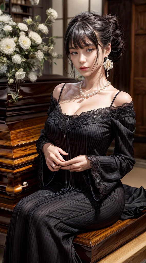 Cowboy Shot、(Hairstyle with bangs)、straggling hair、Black Hair、(Hanging Hair)、((widow))、((mourning dress))、((((Black long sleeve mourning clothes))))、(((Japanese-style room)))、((((Funeral))))、((Big Breasts))、Super tight black formal wear、Highest quality,(RAW Photos:1.2)、(Realistic:1.4),(High resolution:1.4), 1 Girl, Written boundary depth,, Exquisitely crafted,8K, Very detailed, Perfect lighting, Spectacular Background、((Delicate painting)),(女の子の詳細なRAW Photos),(Highest quality:1.6), (超High resolution:1.5), (Realistic:1.75), 8K resolution, Canon EOS R5, 50mm, Very detailedな,Cinema Lighting,Correct finger、sit、Pearl Necklace、Pearl Earrings、(Clothing that covers the chest)、((There is a coffin))、((Minimally revealing clothing))、(The altar is decorated with a bouquet of chrysanthemums.)、candlestick、