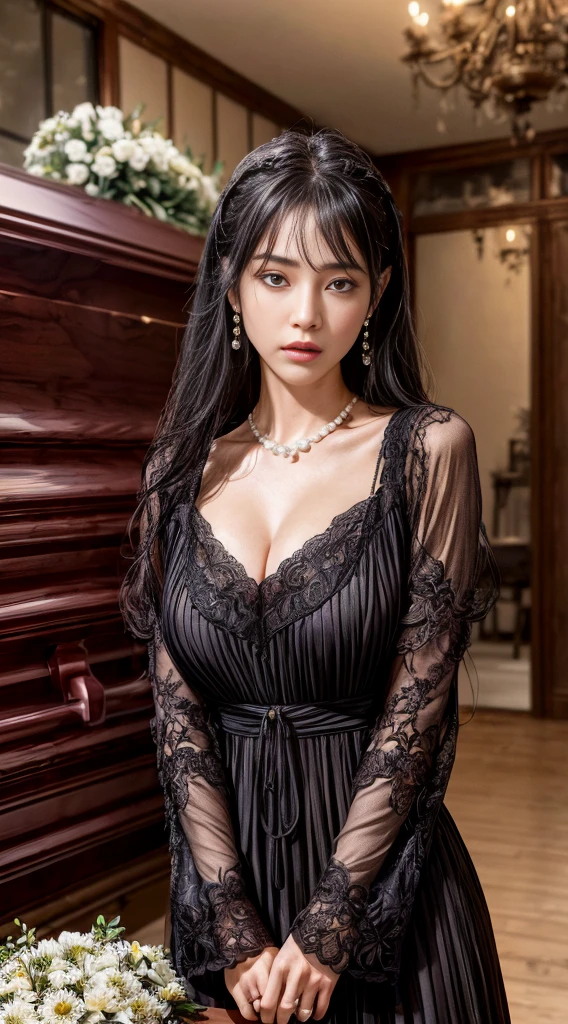 Cowboy Shot、(Hairstyle with bangs)、straggling hair、Black Hair、(Hanging Hair)、((widow))、((mourning dress))、((((Black long sleeve mourning clothes))))、(((Japanese-style room)))、((((Funeral))))、((Big Breasts))、Super tight black formal wear、Highest quality,(RAW Photos:1.2)、(Realistic:1.4),(High resolution:1.4), 1 Girl, Written boundary depth,, Exquisitely crafted,8K, Very detailed, Perfect lighting, Spectacular Background、((Delicate painting)),(女の子の詳細なRAW Photos),(Highest quality:1.6), (超High resolution:1.5), (Realistic:1.75), 8K resolution, Canon EOS R5, 50mm, Very detailedな,Cinema Lighting,Correct finger、sit、Pearl Necklace、Pearl Earrings、(Clothing that covers the chest)、((There is a coffin))、((Minimally revealing clothing))、(The altar is decorated with a bouquet of chrysanthemums.)、candlestick、