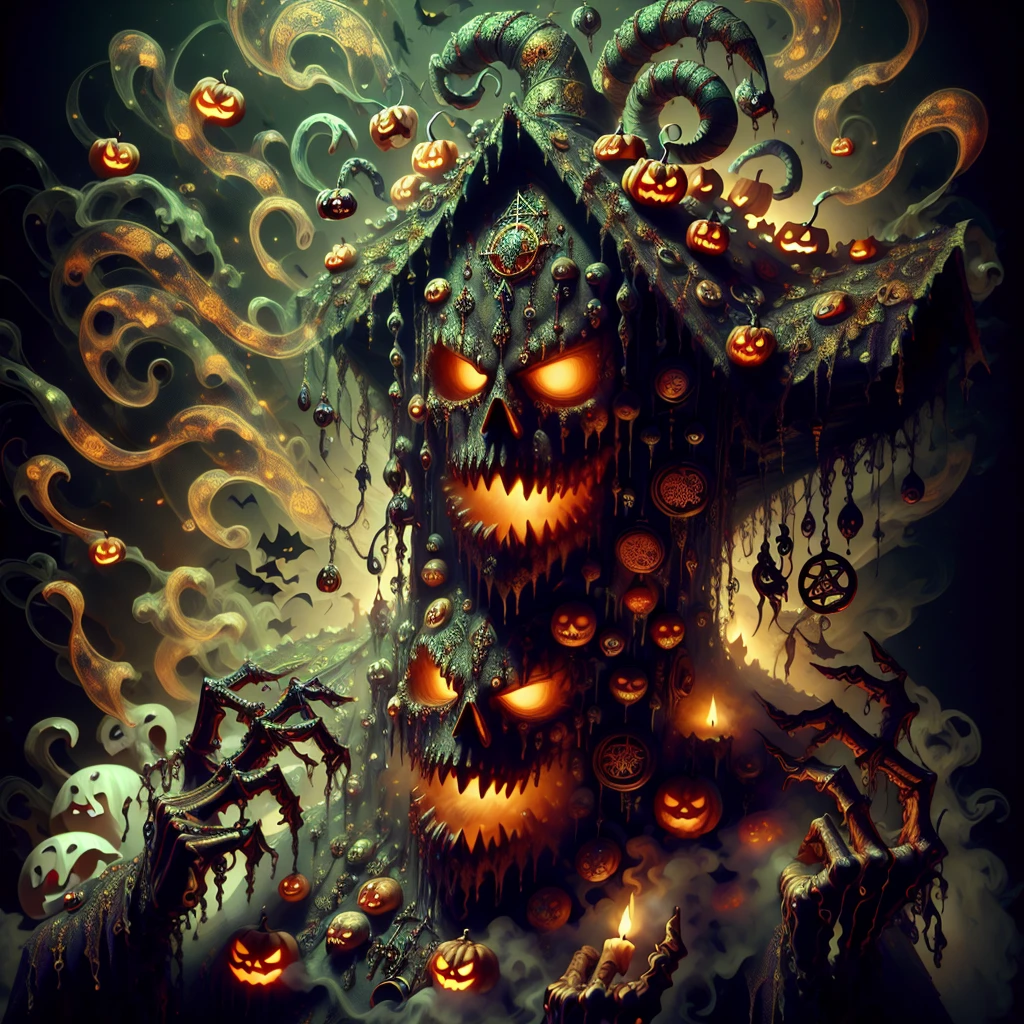 halloweenglowstyle, haunted house, ((ghost)),, (masterpiece, high quality, best quality:1.3), Detailed
