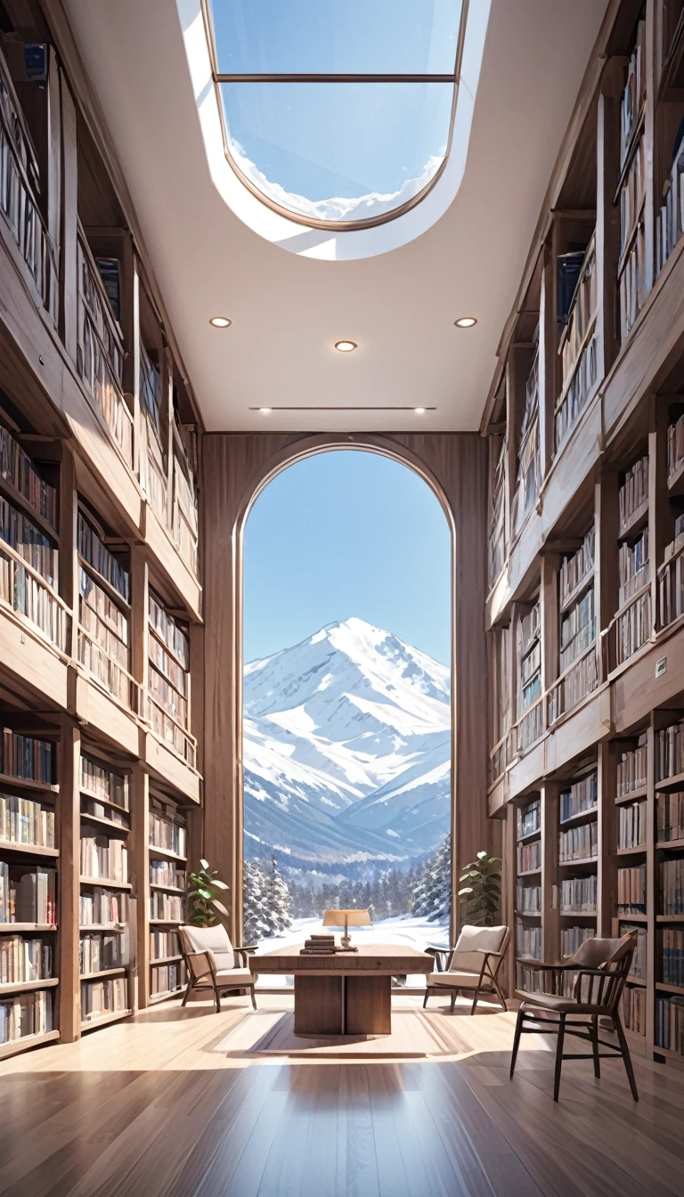 large library, large window with views of snow-capped mountains