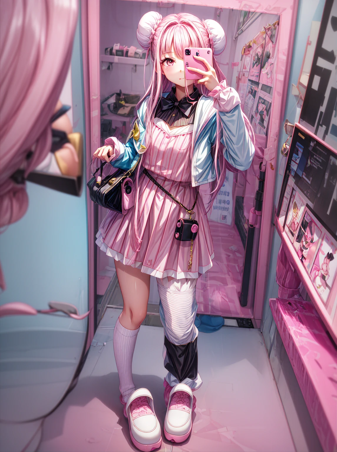 A woman is taking a picture of herself in the mirror, 女性ミニCute Style, whole body!!, , Pink Girl, Pink and black, y2k style, y2k style, Cute Style, Black White Pink, Costume photo, Wearing a skirt and knee-high socks, One girl, alone, (Hair Ribbon:0.4), Pink Eyes,Cinematic Angles,perspective,(((White bun hair))),(((Long pink hair))), Cute clothes, Fluffy clothes, Chest Window, Frilled Skirt, Pastel pink and white outfit, Baby blue accents, himekaji fashion, Sparkling eyes, Shining Eyes, Big eyes), (Lip gloss, mascara, ,whole body, More prism, Bright colors, (Pink Bedroom, Cute Bedroom, Pink Wall, Pink Bed, stuffed toy, scenery), Take a selfie