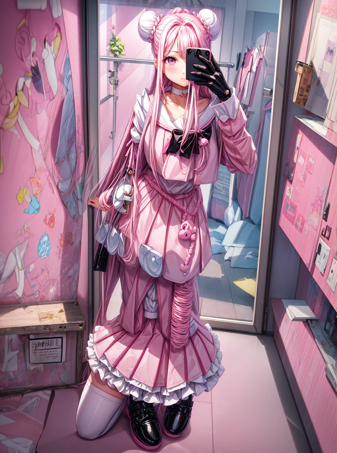 A woman is taking a picture of herself in the mirror, 女性ミニCute Style, whole body!!, , Pink Girl, Pink and black, y2k style, y2k style, Cute Style, Black White Pink, Costume photo, Wearing a skirt and knee-high socks, One girl, alone, (Hair Ribbon:0.4), Pink Eyes,Cinematic Angles,perspective,(((White bun hair))),(((Long pink hair))), Cute clothes, Fluffy clothes, Chest Window, Frilled Skirt, Pastel pink and white outfit, Baby blue accents, himekaji fashion, Sparkling eyes, Shining Eyes, Big eyes), (Lip gloss, mascara, ,whole body, More prism, Bright colors, (Pink Bedroom, Cute Bedroom, Pink Wall, Pink Bed, stuffed toy, scenery), Take a selfie