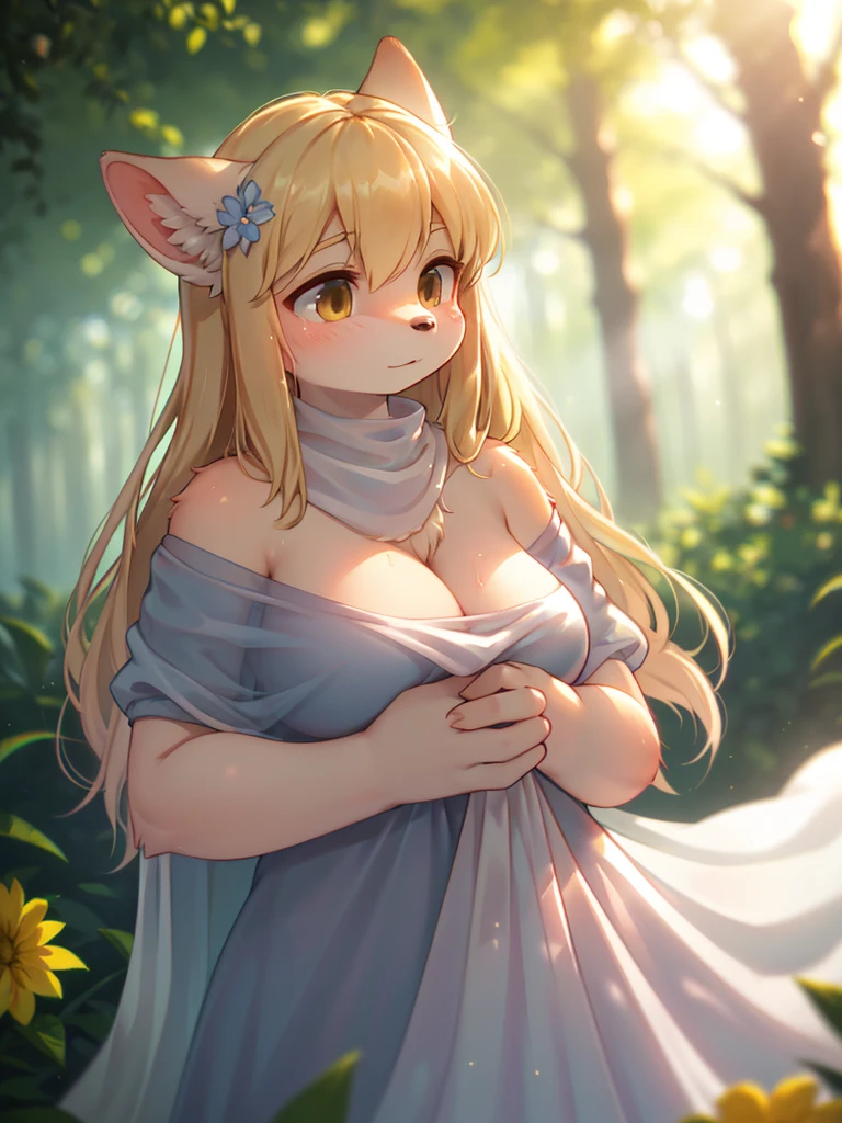(Sumilux f1.4 75mm , low Latitude old color negative film , cross process , bokeh, flare, chromatic aberration , soft focus, (Shallow focus) , soft glow , Maximum aperture, High Key , Transparent depiction) , blond Mature female wolf , Voluptuous body , hide with hand , (freckles:0.8) , in the foggy forest , (Spirit photography , sheet ghost:1.3) , (Holding two apart melons) , Tamponade , (Gently caress the moist flower)