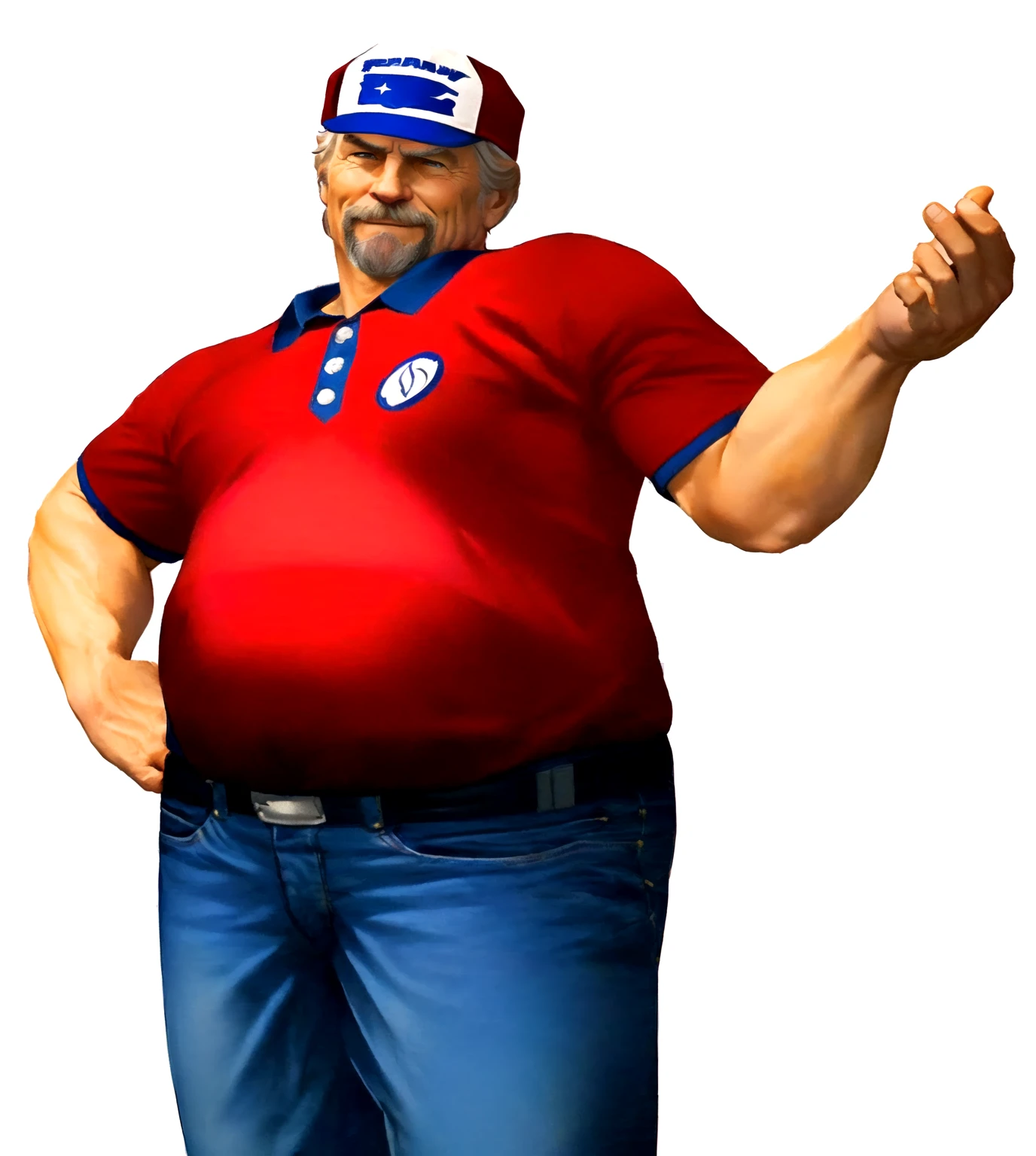 a close up of a man in his 60s wearing a red shirt and blue jeans, rising index finger, as a character in tekken, beefy, realistic textures, jeff bridges with a goatee, best friend with closed mouth as to say "meh!", happy, Out Run 2 flagman, 2 k, 2k, muscular bernie sanders, buff man, character from king of fighters, robust stocky body, hide the pain harold, name of character is flagman, wise face, rising a open hand at the sky, his cap has a SEGA logo on it, (short GREY hair), he looks a bit disappointed by your performance