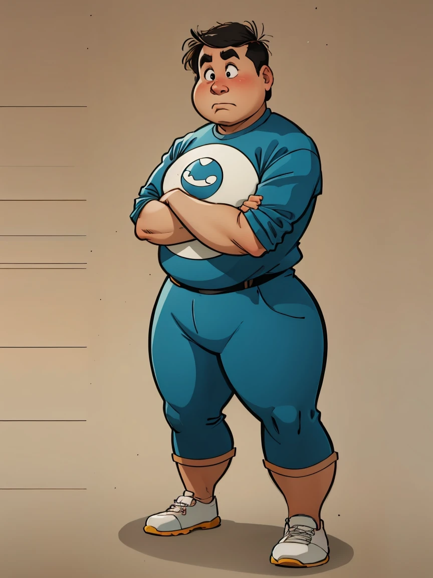 fat man, cartoon, sad, standing up, solid background, looking at camera
