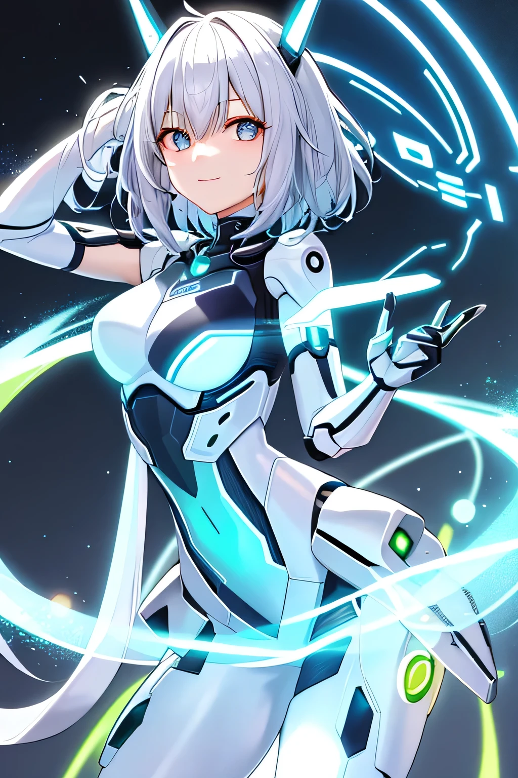 Glowing cyber girl with cybernetic arm,(J Women's Uniform,Sailor suit,White Skirt,)Standing in a post-apocalyptic battlefield.Surrounded by a network of wires. surrounded by circuits. (Cyber Girl with a glowing orange sword:1.3), Shiny Silver Short Hair,Messy ponytail,Cute Smile,Perfect round face,Iris,A bright smile that makes everyone happy,Proper body balance,Intricate details,Very delicate and beautiful hair,Photo Real,dream-like,Professional Lighting,Realistic Shadows,Focus Only,Beautiful Hands,Beautiful fingers,Detailed finger features,Detailed clothing features,Detailed hair features,Detailed facial features,(Tabletop,Highest quality,Ultra-high resolution output images,) ,(8K quality,),(Picture Mode Ultra HD,),(Picture Mode Ultra HD,),(SeaArt2 Mode.1:1.3),Sci-fi fantasy