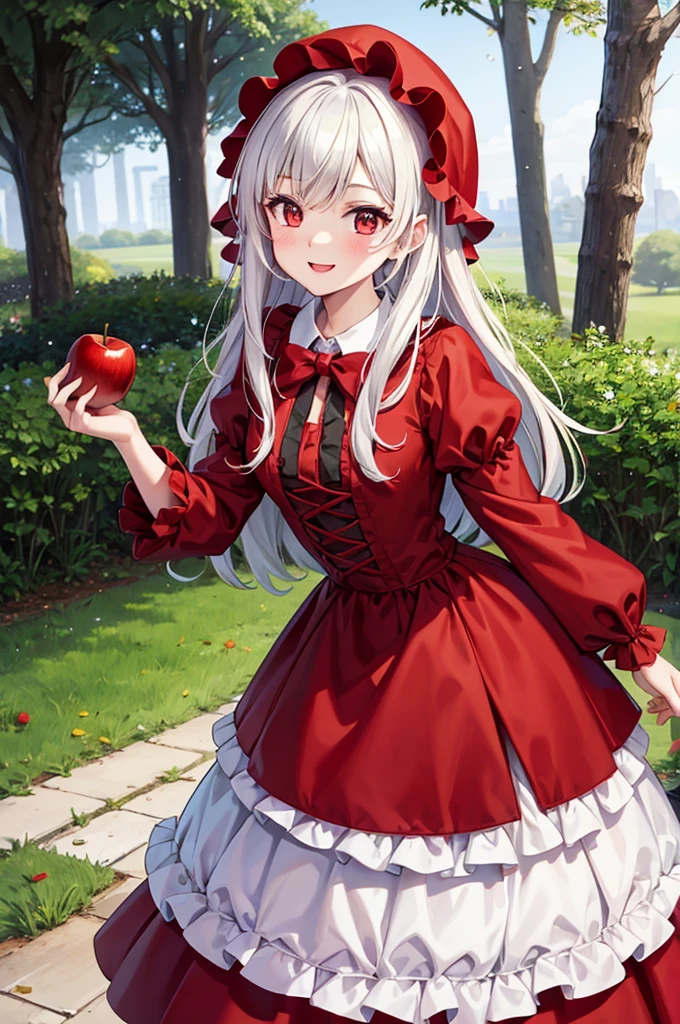 fairy tale Little Red Riding Hood A cute girl wearing a cute red Lolita-style dress Adorable smile Red apple in hand Wolf witch