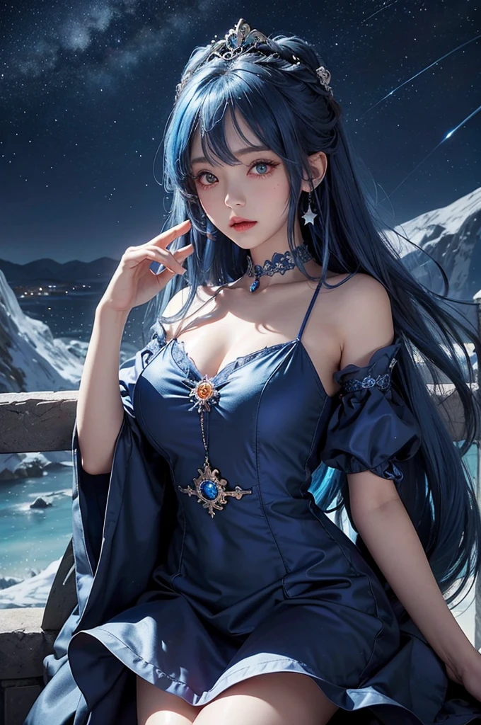 Ultra HD、A beautiful blue-haired character、Cute big eyes、close、Red burning cheeks、Night scene with starry sky background、fortune teller、Has a blue crystal、Wearing a gorgeous dress、Subtle details、A fantastic atmosphere、Anime style