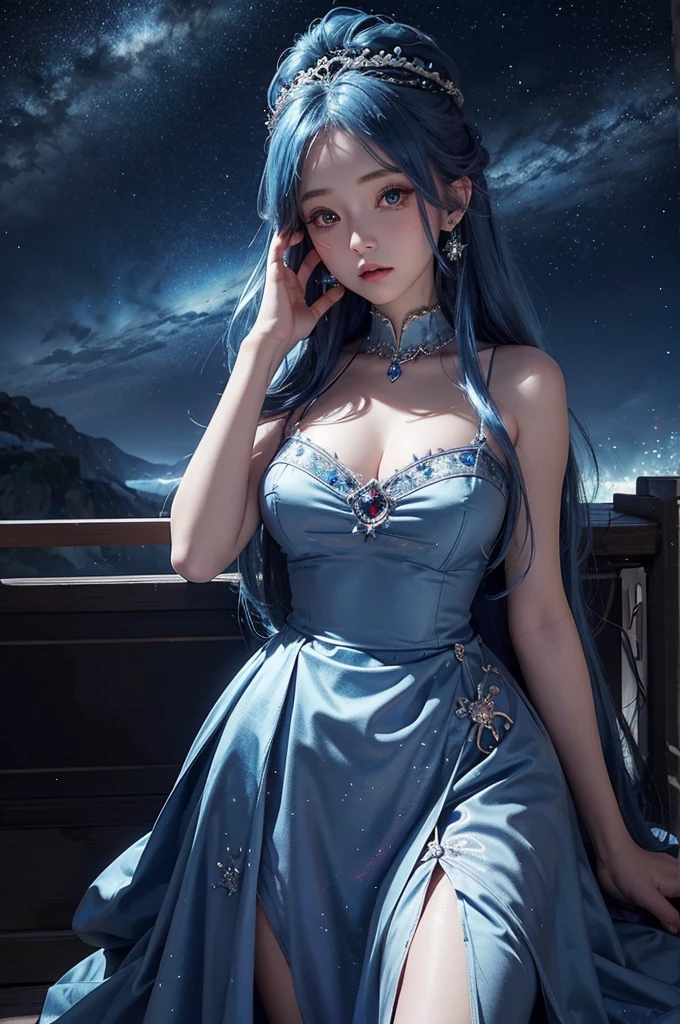 Ultra HD、A beautiful blue-haired character、Cute big eyes、close、Red burning cheeks、Night scene with starry sky background、fortune teller、Has a blue crystal、Wearing a gorgeous dress、Subtle details、A fantastic atmosphere、Anime style