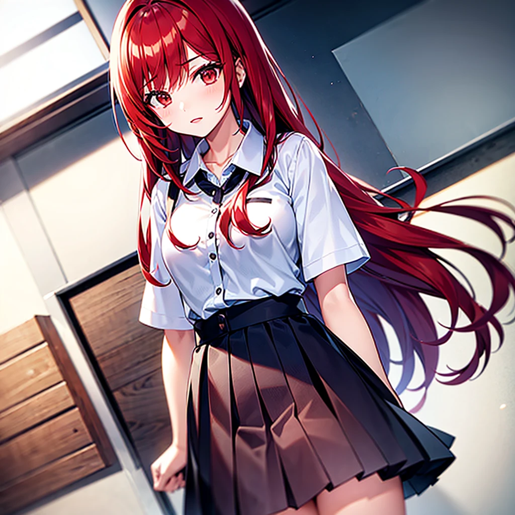One girl、Red Hair、White eyes、Bloomers at school、Woman wearing white maja at home