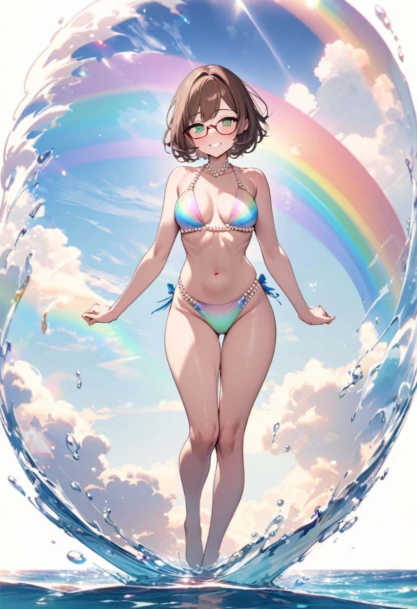 (full body Swimwear style) (beautiful body), (solo:2, 32 yo, bob brown hair short hair cute woman, beautiful green eyes, glasses, happy smile, love mode, medium:1.2 tits), (in a elegant detailed Pearl strand bikini swimsuit, with Rainbow Pareo, ocean double exposure:1.1), break, in the Swimsuit contest venue, background detailed beautiful Coast, BREAK, perfect anatomy, masterpiece, best quality, 16k, beautiful detailed love, sexy, daydreaming expression.