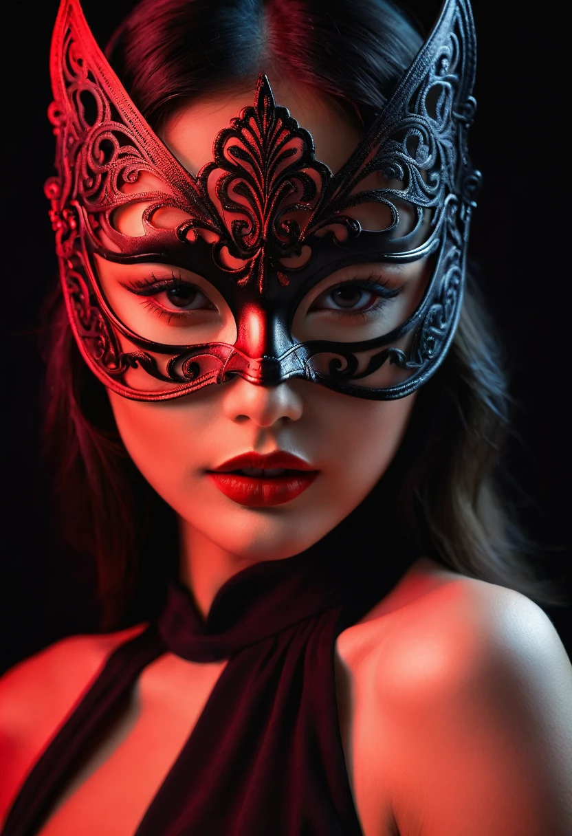 woman with a sensual mask, fashion sexy, black background, 8K, red light